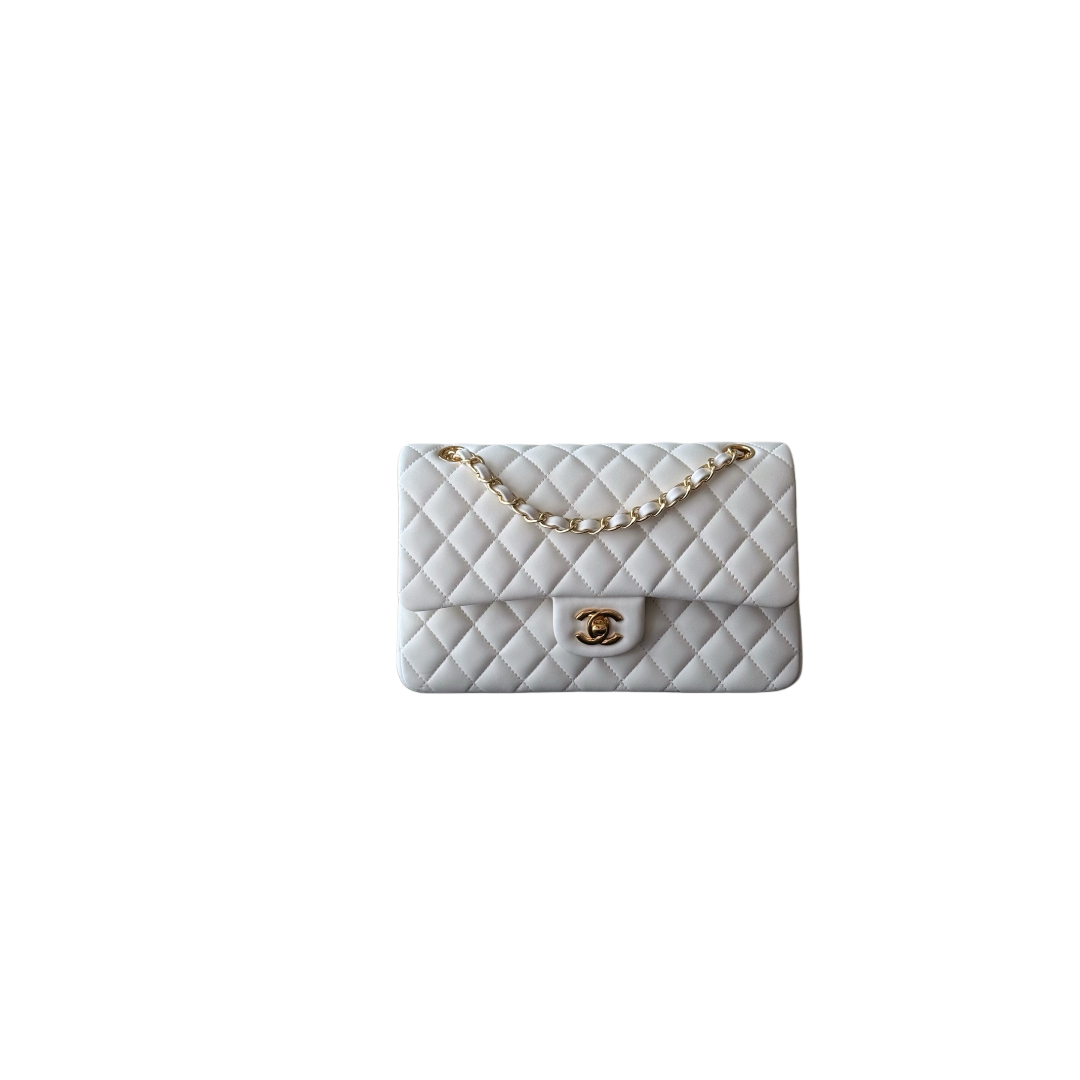 Klassiche 11.12 Tasche Lammleder Goldfarbenes Metall Weiß 15.5x25.5x6.5cm