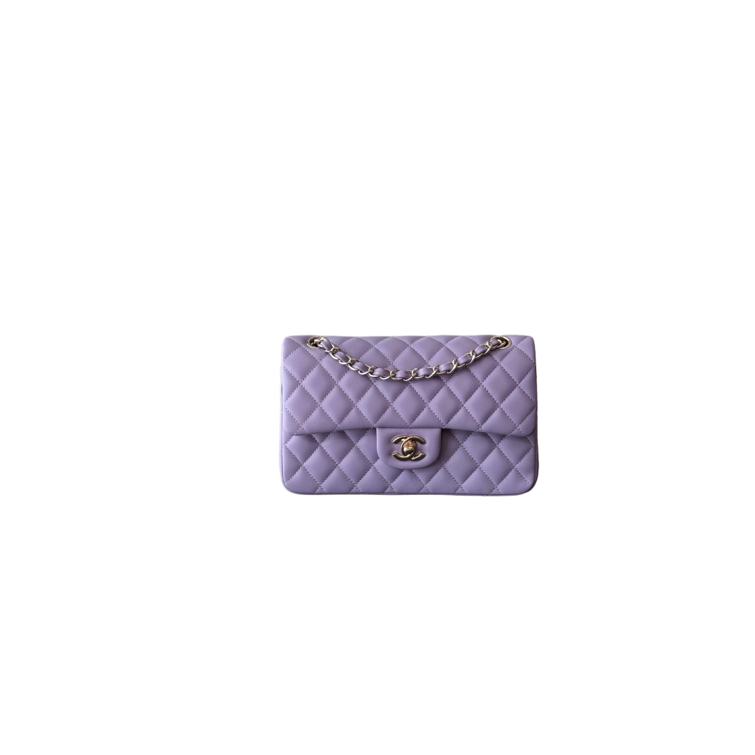 Kleine Klassische Tasche Lammleder Goldfarbenes Metall Fliederfarben 14.5x23x6cm