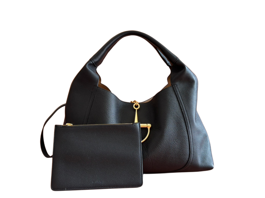 Softbit Maxi Schultertasche Schwarzes Genarbtes Leder