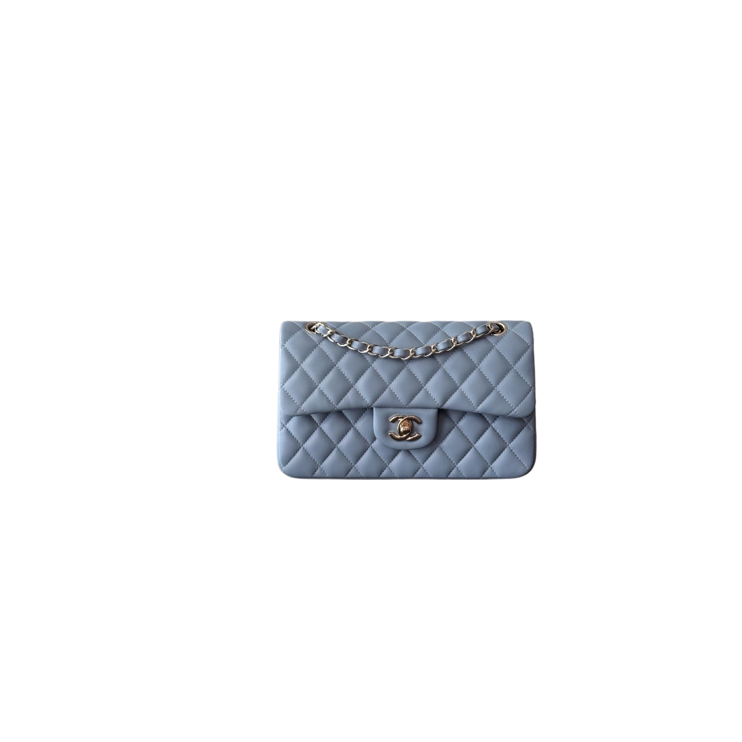 Kleine Klassische Tasche Lammleder Goldfarbenes Metall Meer 14.5x23x6cm