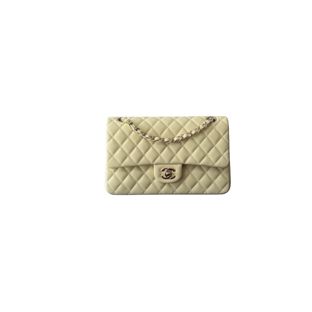 Klassiche 11.12 Tasche Lammleder Goldfarbenes Metall Hellgelb 15.5x25.5x6.5cm
