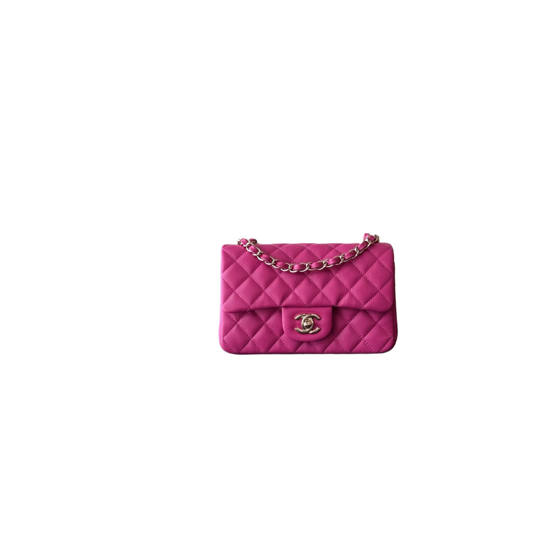 Klassische Minitasche Genarbtes Kalbsleder Goldfarbenes Metall Fuchsie 12x20x6cm