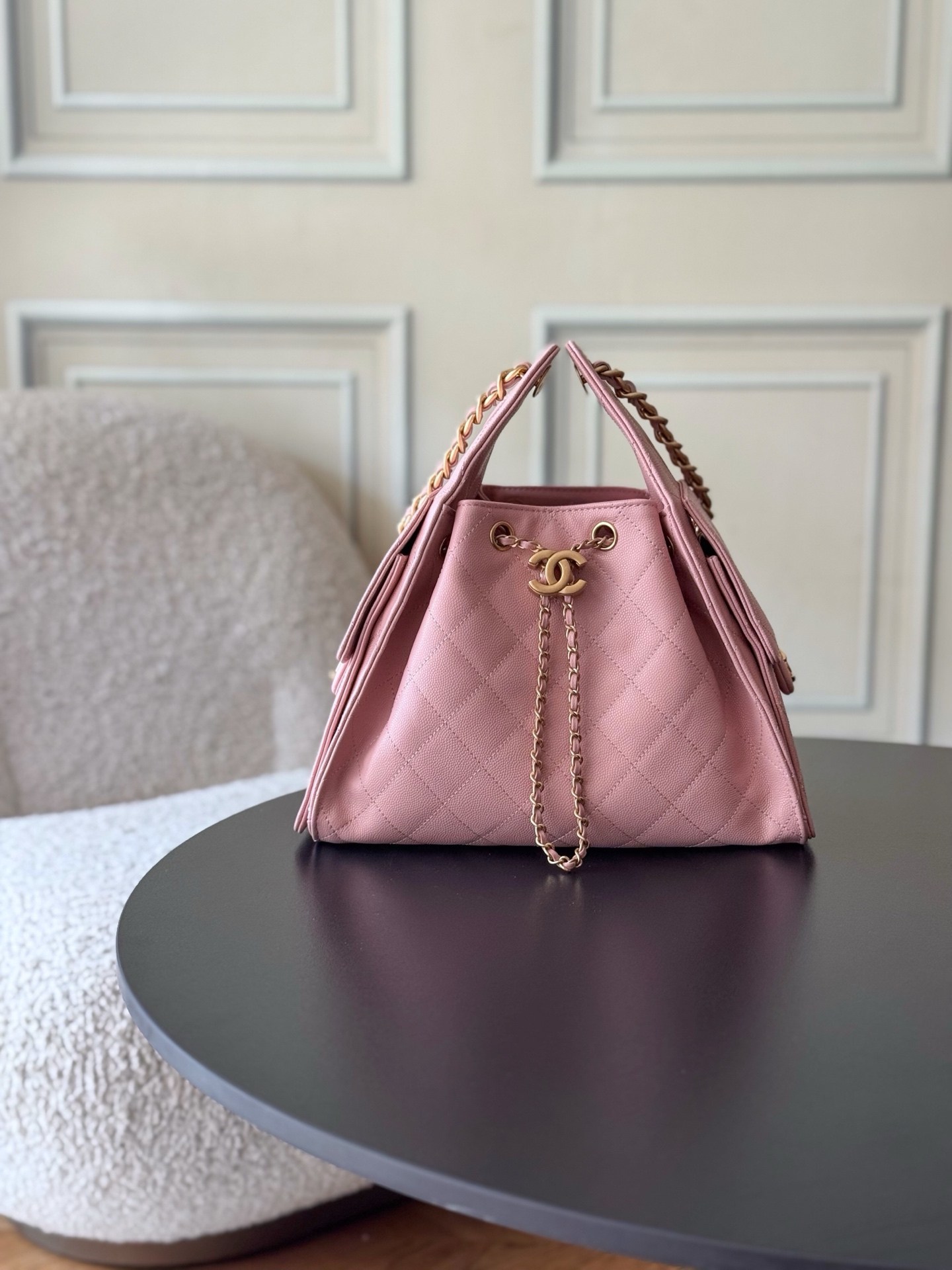 Kleine 25 Tasche Genarbtes Kalbsleder Goldfarbenes Metall Rose – Bild 3