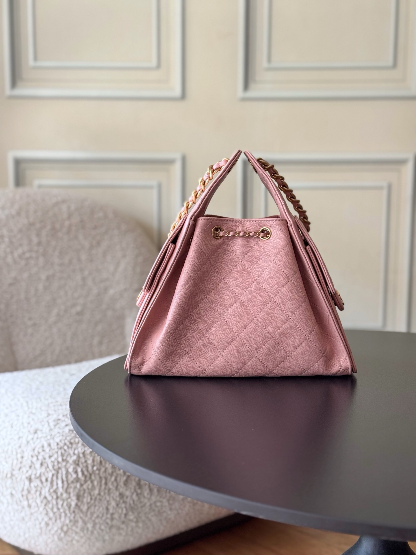Kleine 25 Tasche Genarbtes Kalbsleder Goldfarbenes Metall Rose – Bild 4