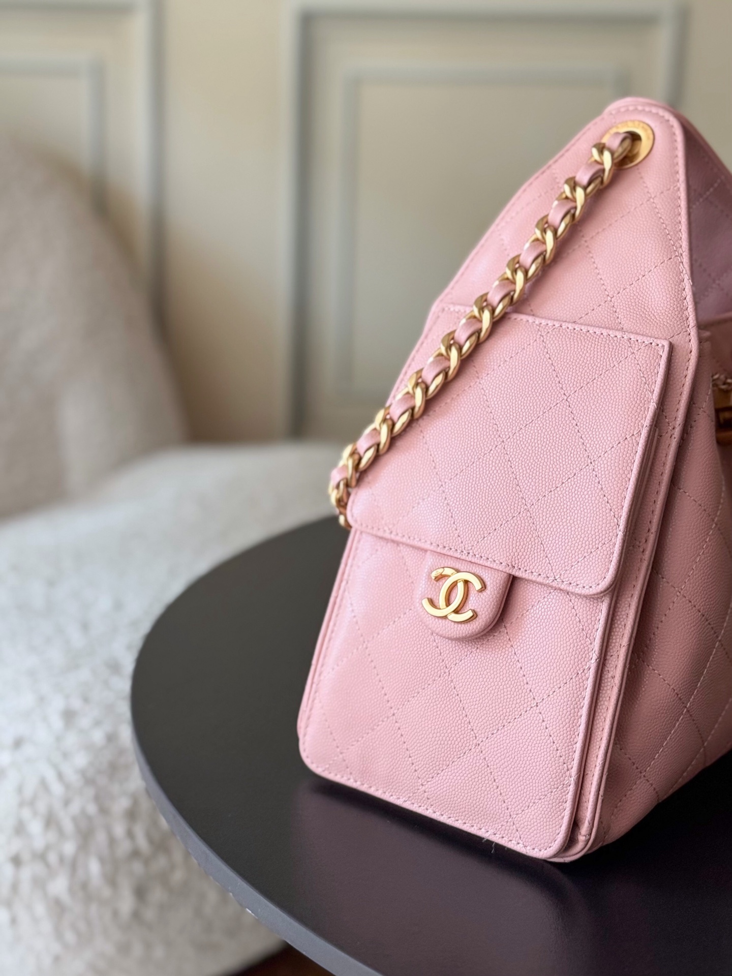 Kleine 25 Tasche Genarbtes Kalbsleder Goldfarbenes Metall Rose – Bild 6